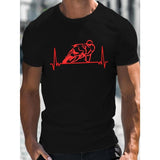 100% cotton T-shirt, Motorcycle Heartbeat Creative Print Men's Cotton Short Sleeve T-Shirt, Casual Round Neck Top, Versatile And Comfortable Tee, Spring& Summer Collection Made in USA