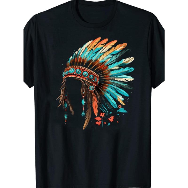 1pc Native American Indian Headdress Graphic T-Shirt for Men, Casual Cotton Tee with Feather Detail, Round Neck, Knit Fabric, Regular Fit, Sizes S-5XL, Ideal for Training & Outdoor Activities, Summer Top Made in USA