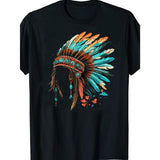 1pc Native American Indian Headdress Graphic T-Shirt for Men, Casual Cotton Tee with Feather Detail, Round Neck, Knit Fabric, Regular Fit, Sizes S-5XL, Ideal for Training & Outdoor Activities, Summer Top Made in USA
