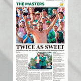 2024 Masters Champion Scottie Scheffler 'TWICE AS SWEET' Framed Front Page Newspaper golf gifts for him