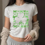 4 Leaf Clover Green Bows Baby Tee, Four Leaf Clover T, St Paddys Tee, St Pattys Day Tee, y2k baby tee, 90s baby tee, y2k, St Patricks Crop