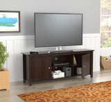 63" Dark Brown Wood And Metal Cabinet Enclosed Storage Mirrored TV Stand