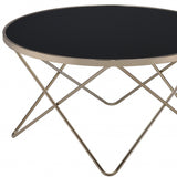 34" Black And Gold Glass And Iron Round Coffee Table