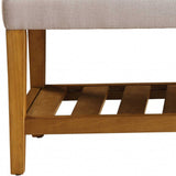 40" Light Gray and Brown Upholstered Polyester Bench with Shelves