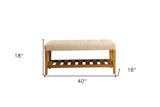 40" Beige and Brown Upholstered Polyester Bench with Shelves