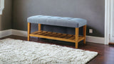 40" Blue and Brown Upholstered Polyester Bench with Shelves