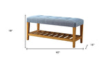 40" Blue and Brown Upholstered Polyester Bench with Shelves