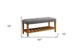 40" Blue and Brown Upholstered Polyester Bench with Shelves