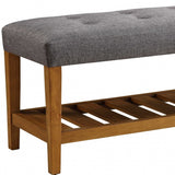 40" Gray and Brown Upholstered Linen Blend Bench with Shelves