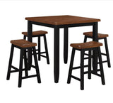 Five Piece Oak and Black Square Solid Wood Dining Set with Four Chairs