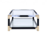 54" Clear And Black and Gold Glass And Iron Coffee Table With Shelf