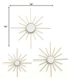 Set of Three Gold Mirrored Metal Sunburst Wall Decor