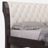 Solid Wood King Tufted Beige Upholstered Faux Leather Bed With Nailhead Trim