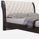 Solid Wood King Tufted Beige Upholstered Faux Leather Bed With Nailhead Trim