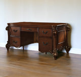 74" Brown Mirrored Executive Desk With Five Drawers