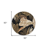 8' Midnight Black Hand Tufted Tropical Leaves Round Indoor Area Rug