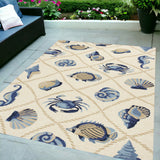 5'X8' Sand Beige Hand Hooked Uv Treated Coastal Sea Life Indoor Outdoor Area Rug