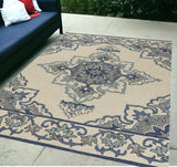 5' X 7' Ivory Or Blue Vines Bordered Uv Treated Indoor Outdoor Area Rug