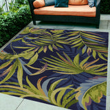 5' X 7' Ink Blue Tropical Leaves Uv Treated Indoor Outdoor Area Rug