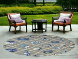 8' Grey Hand Hooked Uv Treated Coastal Sea Life Round Indoor Outdoor Area Rug