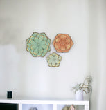 Set of Three Green Orange and Gold Metal Flowers Wall Decor