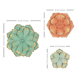 Set of Three Green Orange and Gold Metal Flowers Wall Decor