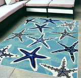 5'X8' Blue Hand Woven Uv Treated Coastal Starfish Indoor Outdoor Area Rug