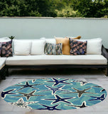 8' Blue Hand Woven Uv Treated Coastal Starfish Round Indoor Outdoor Area Rug