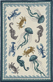 2'X3' Ivory Teal Hand Hooked Uv Treated Bordered Coastal Sea Life Indoor Outdoor Accent Rug