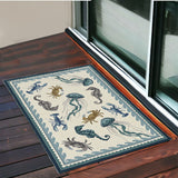 3'X5' Ivory Teal Hand Hooked Uv Treated Coastal Sea Life Indoor Outdoor Area Rug