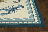 3'X5' Ivory Teal Hand Hooked Uv Treated Coastal Sea Life Indoor Outdoor Area Rug