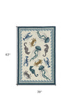 3'X5' Ivory Teal Hand Hooked Uv Treated Coastal Sea Life Indoor Outdoor Area Rug