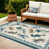 8'X10' Ivory Teal Hand Woven Uv Treated Coastal Sea Life Indoor Outdoor Area Rug