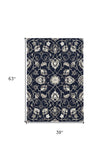 3'X5' Navy Blue Hand Hooked Uv Treated Traditional Floral Design Indoor Outdoor Rug