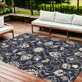 8'X10' Navy Blue Hand Woven Uv Treated Traditional Floral Vines Indoor Outdoor Area Rug