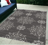 5'X8' Charcoal Grey Hand Woven Uv Treated Floral Disk Indoor Outdoor Area Rug