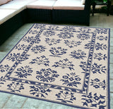 5' X 7' Sand Or Blue Floral Bordered Indoor Outdoor Area Rug