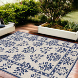 8'X10' Sand Blue Hand Woven Uv Treated Bordered Floral Traditional Indoor Outdoor Area Rug