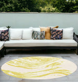 8' Ivory Gold Machine Woven Abstract Waves Round Indoor Outdoor Area Rug