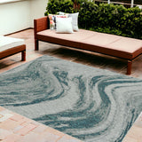 8'X11' Grey Teal Machine Woven Uv Treated Abstract Waves Indoor Outdoor Area Rug