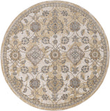 9' Ivory Sand Machine Woven Bordered Floral Vines Round Indoor Area Rug