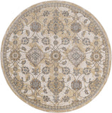 9' Ivory Sand Machine Woven Bordered Floral Vines Round Indoor Area Rug