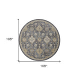 9' Slate Grey Machine Woven Bordered Floral Vines Round Indoor Area Rug