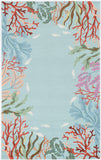 5'X8' Blue Hand Hooked Bordered Coral Reef Indoor Area Rug