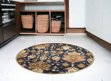 6' Navy Blue Round Wool Medallion Hand Tufted Area Rug