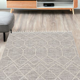 5'X8' Ivory Grey Machine Woven Abstract With Fringe Indoor Area Rug