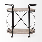 Cyclider Black Metal With Two Wooden Shelves Bar Cart