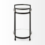 Cyclider Black Metal With Two Mirror Glass Shelves Bar Cart