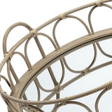 Set Of 2 20" Natural Blonde Wood With Intricately Railings And Mirrored Glass Bottom Round Tray