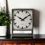 Square Gray Metal Desk Table Clock With Simple White And Black Face